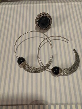 Sterling Silver Ring With Crescent Hoop Earrings with Black Onyx Accent